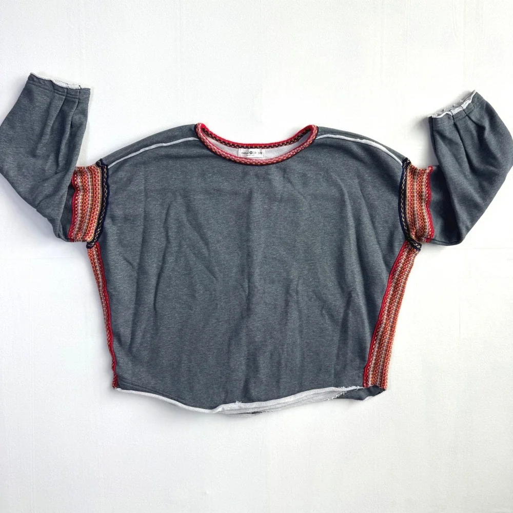 Natural Life Gray Knit Trim Sweater SM Boho oversized cozy Pullover cotton blend - Picture 2 of 11